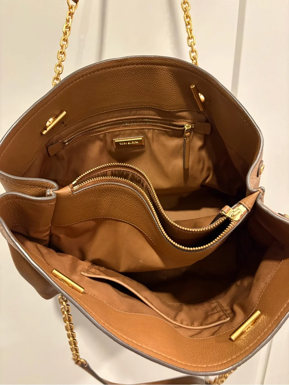 Tory Burch Tan Pebbled Leather Tote with Gold Chain Straps